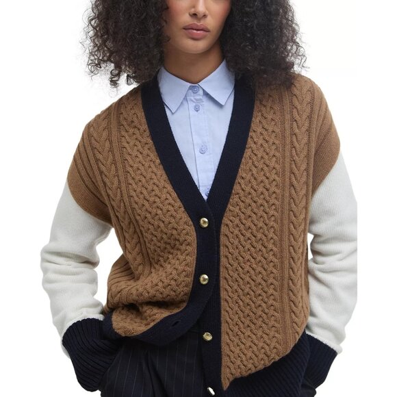 250$ Barbour Marcy Knit Cardigan Sweater Long Contrast Sleeve Size 10 Multicolor - Picture 3 of 5